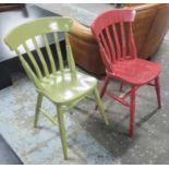 KITCHEN DINING CHAIRS, a set of ten, half in green and half in red gloss painted.