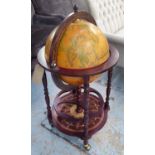 GLOBE COCKTAIL CABINET, in form of a terrestrial globe with fitted interior, 50cm diam. x 92cm H.
