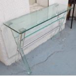 CONSOLE TABLE, perspex and glass on X framed support, 125cm x 40cm x 87cm H.