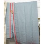 CURTAINS, two pairs, one pair blue with an applied stripe to the edge, one pair 110cm x 227cm drop,