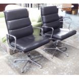 ICF SOFT PAD DESK CHAIRS, a pair, by Charles and ray Eames, in black leather, 60cm W.