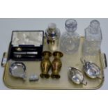 TRAY CONTAINING EPNS COCKTAIL SHAKER, DECANTERS, SUGAR & CREAM SET, EASTERN BRASS VASES ETC