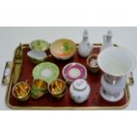 TRAY CONTAINING BRASS GONDOLA DISPLAY, QUANTITY VARIOUS COFFEE WARE, PAIR OF WEDGWOOD LIDDED