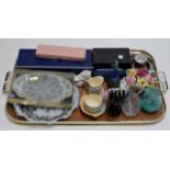 TRAY CONTAINING FLORAL POSY ORNAMENTS, CUP & SAUCER SET, NOVELTY HAND BELL, CAITHNESS VASES, SUGAR &