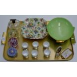 TRAY CONTAINING 3 VARIOUS GLASS PAPER WEIGHTS, ROYAL WINTON COMPORT, ROYAL WINTON BOWL, SET OF 6 EGG