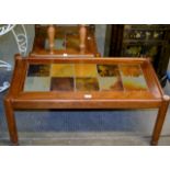 TEAK TILE TOP COFFEE TABLE WITH MATCHING SIDE TABLE & PINE PADDED STOOL