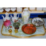 TRAY CONTAINING VARIOUS MODERN ORIENTAL CERAMICS, PAIR OF CHINESE TEAPOTS, JADE EFFECT BOWL ON