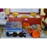 3 PIECE BUDDHIST ORNAMENT SET IN BOX & TRAY WITH ASSORTED BUDDHIST RELATED ITEMS