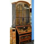 ORIENTAL LACQUERED BUREAU BOOKCASE OVER 3 DRAWERS