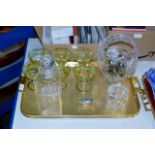 TRAY CONTAINING VARIOUS SOUVENIR SPOONS, CUT CRYSTAL BASKET, CUT CRYSTAL DECANTER, SET OF 6 STEM