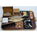 TRAY WITH QUANTITY VARIOUS COSTUME JEWELLERY, WRIST WATCHES, BEADS, FAUX PEARLS, HARMONICA ETC
