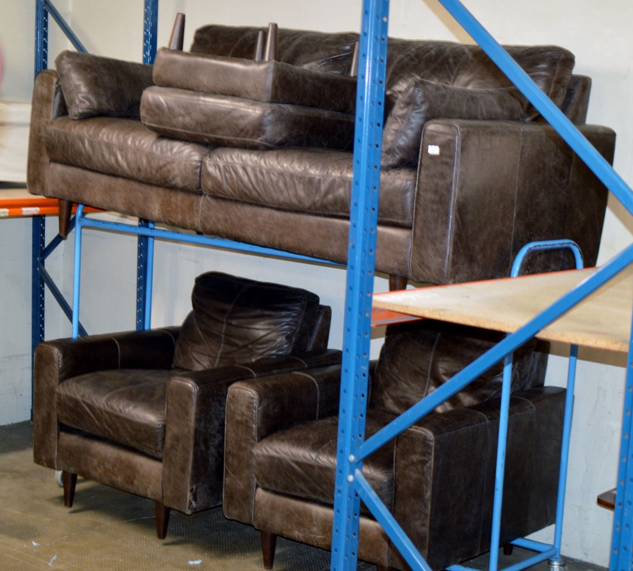 4 PIECE QUALITY DARK BROWN DISTRESSED EFFECT LEATHER LOUNGE SUITE