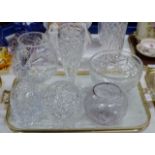 TRAY CONTAINING QUANTITY CUT CRYSTAL & GLASS WARE, DECANTER WITH STOPPER, VASES, FRUIT BOWL ETC