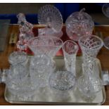 2 TRAYS WITH QUANTITY CUT CRYSTAL & GLASS WARE, BASKETS, HORNS, LIDDED JAR ETC
