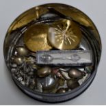 BOX CONTAINING MOERIS POCKET WATCH, VARIOUS SILVER SPOONS, CHARM BRACELET, COMPACTS ETC