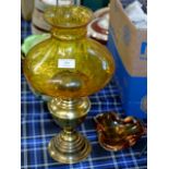 HEAVY COLOURED GLASS DISH & PARAFFIN LAMP WITH FUNNEL & SHADE