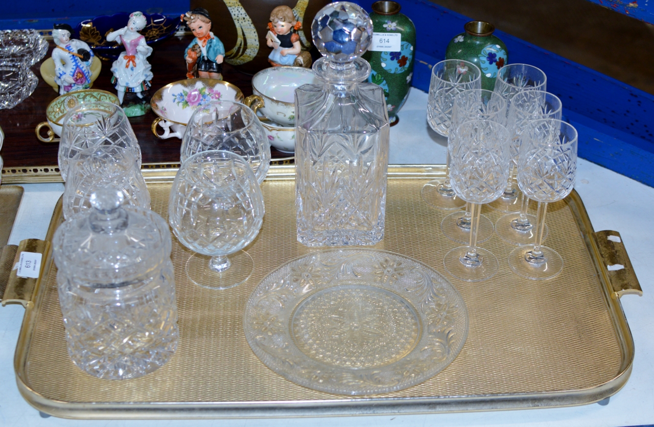 TRAY WITH CUT CRYSTAL WARE, LIDDED JAR, DECANTER, STEM GLASSES ETC