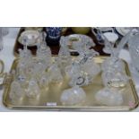 TRAY WITH ASSORTED CUT CRYSTAL & GLASS WARE, TABLE BELLS, ANIMAL DISPLAYS ETC