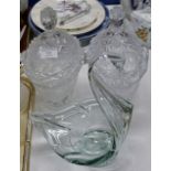 GLASS SWAN ORNAMENT & PAIR OF LARGE LIDDED DISHES