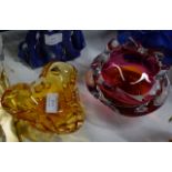 2 HEAVY COLOURED GLASS DISHES