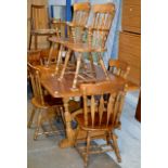 7 PIECE OAK COUNTRY STYLE DINING SET COMPRISING TABLE WITH LEAF, 2 CARVER CHAIRS & 4 HAND CHAIRS