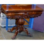 ORNATE VICTORIAN MAHOGANY FOLD OVER TABLE ON QUAD PAW FEET