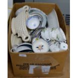 BOX CONTAINING POOLE POTTERY WARE, QUANTITY VARIOUS TEA WARE, POTTERY BASKET, LARGE POTTERY BOWL,