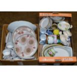 2 BOXES CONTAINING QUANTITY DENBY TEA & DINNER WARE, MISC TEA WARE, PAIR OF GERMAN POTTERY JUGS,