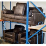 4 PIECE MODERN DISTRESSED EFFECT BROWN LEATHER LOUNGE SUITE COMPRISING 3 SEATER SETTEE, 2 SINGLE ARM