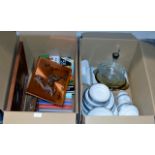 2 BOXES CONTAINING QUANTITY DINNER WARE, VARIOUS OLD BOOKS, FRAMED ANIMAL DISPLAYS ETC