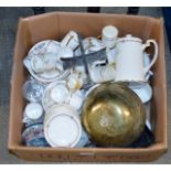 BOX CONTAINING CHINESE BRASS BOWL WITH STAND, VARIOUS TEA & COFFEE WARE, GLASS WARE ETC