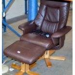 MODERN BROWN LEATHER VIBRATING EASY CHAIR WITH MATCHING FOOT STOOL