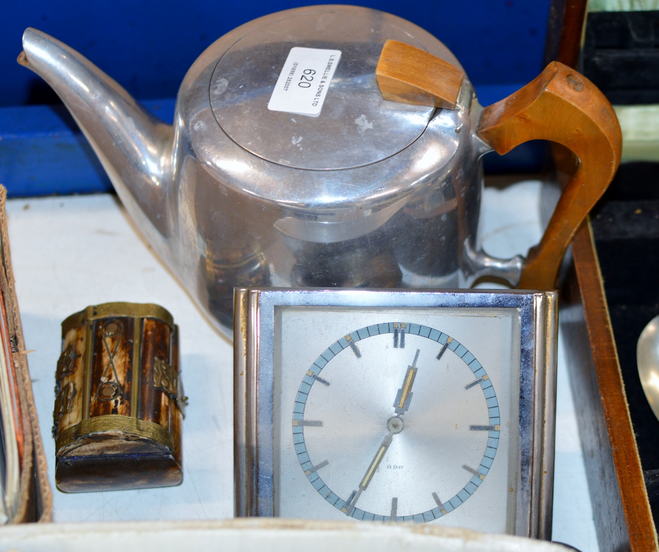 PICQUOT WARE TEAPOT, DECO STYLE 8 DAY CLOCK & SMALL TRINKET BOX