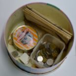 BOX WITH ASSORTED COINAGE, MAPS ETC