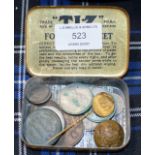 SMALL TIN WITH QUANTITY COINAGE, COIN PIN ETC