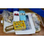 TRAY CONTAINING BUTTONS, DESK DATA, MODEL VEHICLES, CIGARETTE CARDS ETC