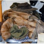 BOX WITH VARIOUS CLOTHING, HATS, FURS ETC