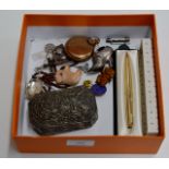 BOX CONTAINING PARKER PEN IN BOX, TRINKET BOX, VARIOUS COSTUME JEWELLERY ETC