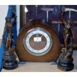 OAK CASED STRIKING MANTLE CLOCK & PAIR OF BRONZE EFFECT FIGURINE ORNAMENTS