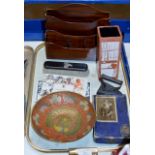 TRAY CONTAINING BRASS BOWL, SILVER MOUNTED BRUSH, FLAT IRON, BIBLE, LETTER RACK, TROIKA STYLE VASE