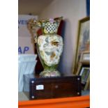 INLAID MAHOGANY BOX & DECORATIVE ZSOLNAY STYLE POTTERY JUG