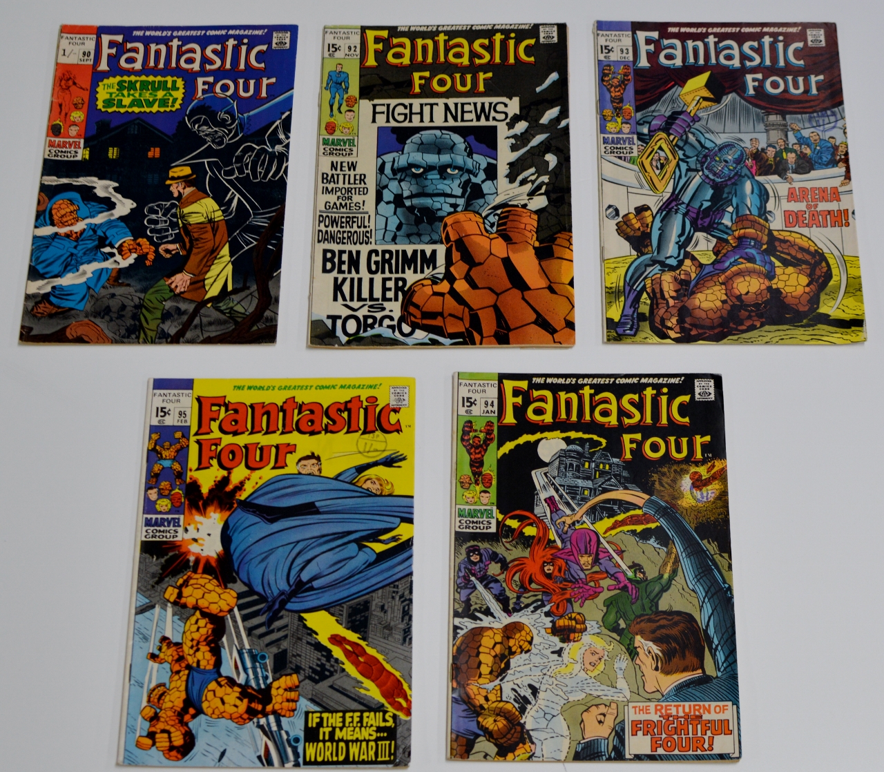 5 RARE & COLLECTABLE SILVER AGE COMIC BOOKS - THE FANTASTIC FOUR, VOLUMES 90, 92, 93, 94 & 95