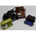 VINTAGE CAMERA WITH LEATHER CASE, PAIR OF OLD OPERA GLASSES & VINTAGE LADIES SHAVER