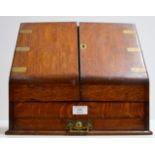 VICTORIAN OAK BRASS BOUND STATIONARY CABINET WITH SLOPING FRONT