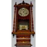 39" VICTORIAN INLAID MAHOGANY STRIKING REGULATOR WALL CLOCK WITH BRASS PENDULUM & TIN FACE