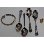 4 SILVER SPOONS, 9 CARAT GOLD CHARM, SILVER BRACELET ETC