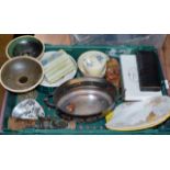 BOX WITH SHELLEY TEA PLATES, VARIOUS CUTLERY, ORIENTAL SOAPSTONE CARVING, POTTERY COMPORTS, EPNS