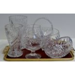 TRAY WITH VARIOUS CUT CRYSTAL WARE, VASES, BASKETS, FRUIT BOWL ETC