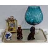 TRAY CONTAINING LARGE COLOURED GLASS, MANTLE CLOCK, PORCELAIN FIGURINE ORNAMENT, SMALL GLASS