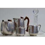 4 PIECE PICQUOT WARE TEA SERVICE & CUT CRYSTAL DECANTER WITH STOPPER
